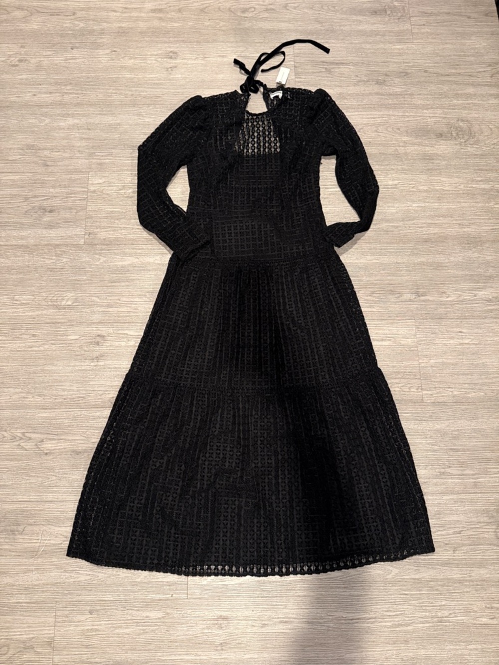 Black Long-Sleeve Crochet Midi Dress with Tie Necky - Picture 4 of 12